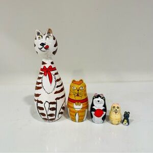 Kitschy Nesting Cat Matryoshka Russian Dolls Wood Decor Animal Boho Retro Quirk